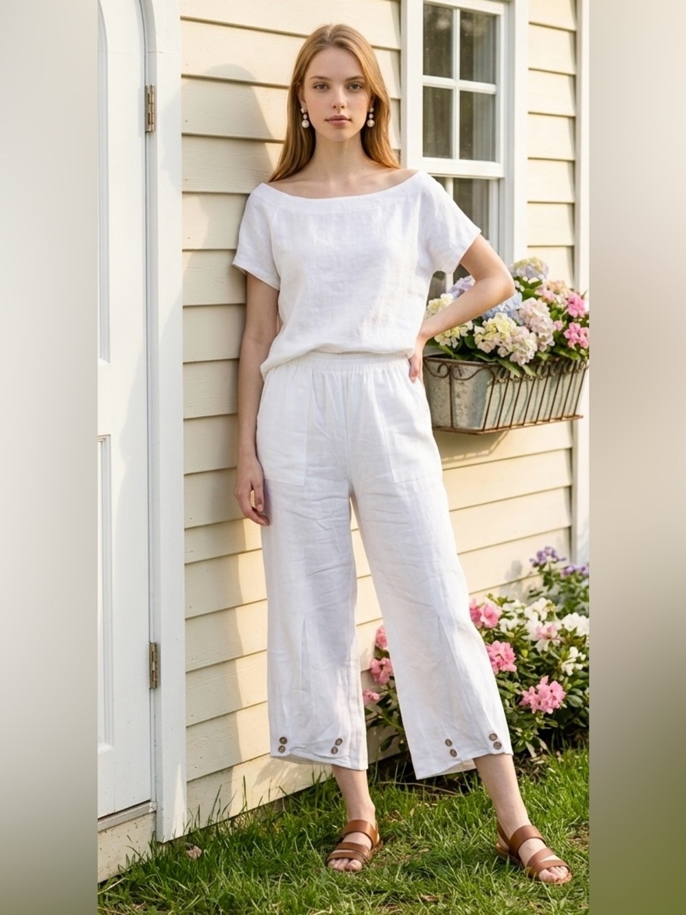 Soft Surroundings Cropped Wide Leg White Linen Blend Pant Button Detail SZ M EUC